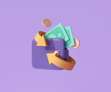 Cashback And Money Refund Icon Concept. Wallet, Dollar Bill And Coin Stack, Online Payment On Pink Background. 3d Render Illustration