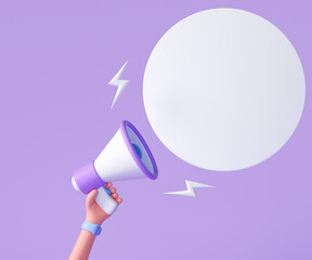 Cartoon hand holding megaphone with speech bubble on purple background with copy space. 3d render illustration