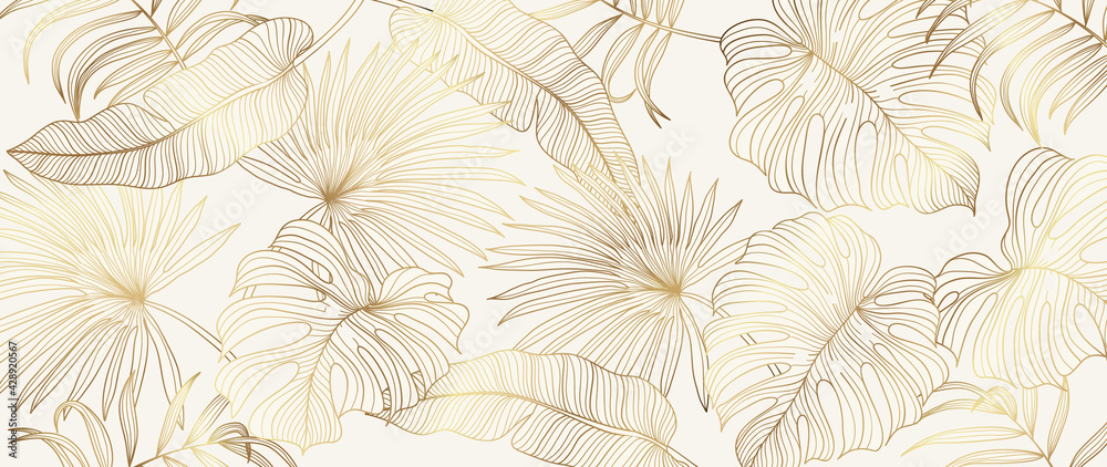 Luxury gold tropical leaves background vector. Wallpaper design with golden line art texture from palm leaves, Jungle leaves, monstera leaf, exotic botanical floral pattern. - obrazy, fototapety, plakaty 