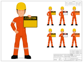 Set of industrial worker is presenting warning sign on white background