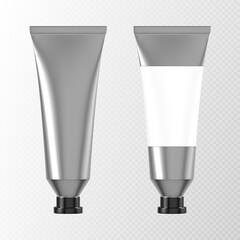 Metal tube for hand cream or paints 3d mockup front view, aluminium or silver colored packaging with blank label and black cap. Cosmetics product, glue or toothpaste pack, Realistic vector mock up