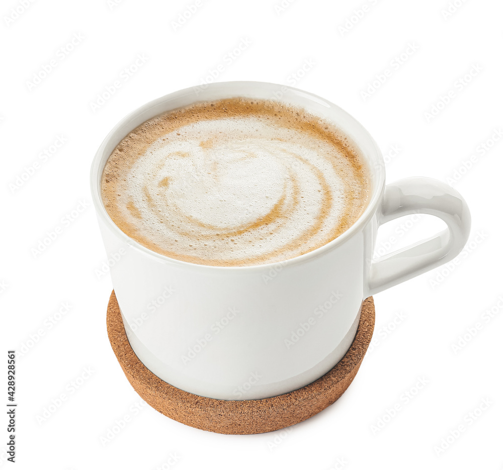 Cup of hot cappuccino coffee on white background
