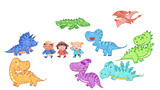 Fototapeta Dinusie - 3 little adventurers with Dinosaur Background Art Backdrop. Cute cartoon oil pastel drawing crayon doodle for children book illustration, poster, backdrop, or wall painting.