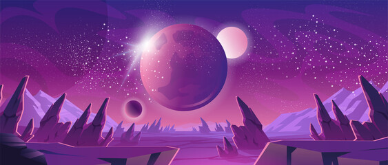 Poster - space background with purple planet landscape, stars, satellites and alien planets in sky. vector ca