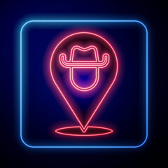 Poster - Glowing neon Location cowboy icon isolated on blue background. Vector