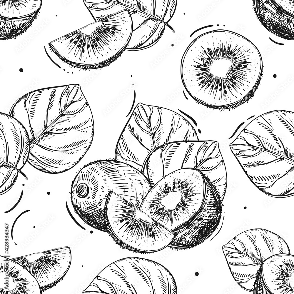Hand drawn seamless pattern black and white of kiwi fruit, slice, leaf.  Vector illustration. Elements in graphic style label, sticker, menu,  package. Stock Vector | Adobe Stock, image size:1000x1000