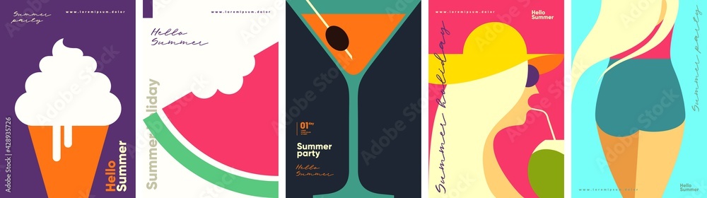 Summer. A set of flat vector illustrations. Summer time, background patterns. Ice cream, watermelon, cocktail, girls. Perfect background for posters, cover art, flyer, banner. - obrazy, fototapety, plakaty 