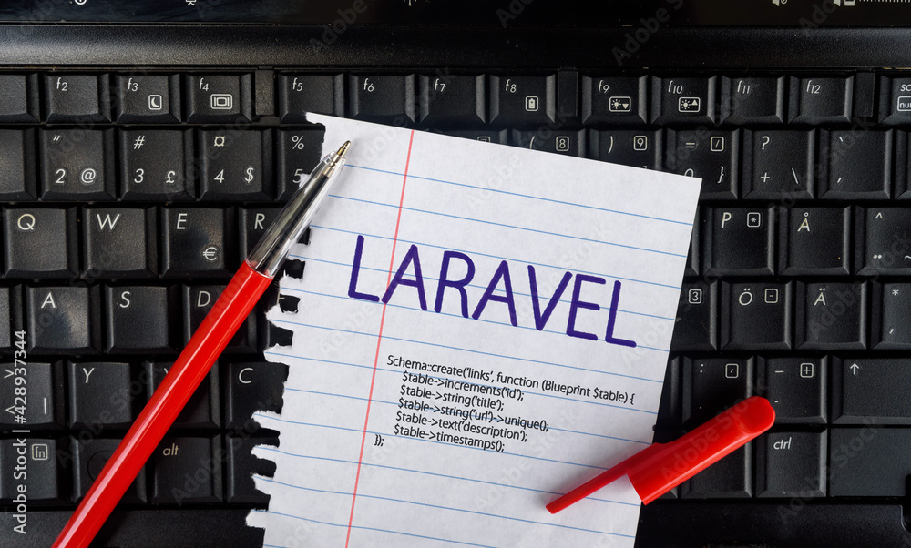 Laravel PHP Framework programming language. Word Laravel on paper and ...