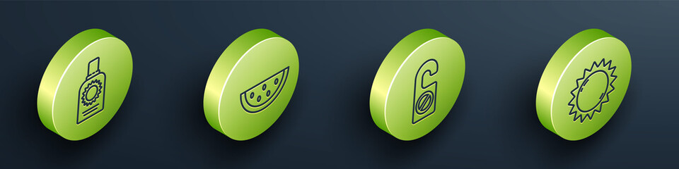 Sticker - Set Isometric Sunscreen spray bottle, Watermelon, Please do not disturb and Sun icon. Vector