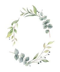 Wall Mural - Watercolor vector wreath of green eucalyptus branches and leaves.