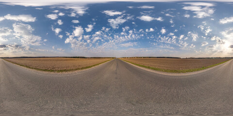 Wall Mural - full seamless spherical hdri panorama 360 degrees angle view on old no traffic asphalt road among fields in equirectangular projection, ready for VR AR virtual reality