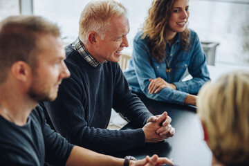 Team of professionals discussing work in meeting