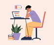 © Alice - Man tired of hard working, burnout because of work, guy at office sits by the table with laptop and procrastinating, unhappy person overworked and needs battery recharge. Modern trendy illustration
