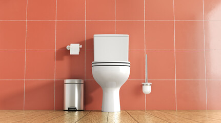 Sticker - Toilet on a background of red tiles with a brush and a bucket 3d illustration