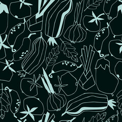  Seamless repeating pattern with vegetables. Geometric black-and-white trendy illustrations on black background