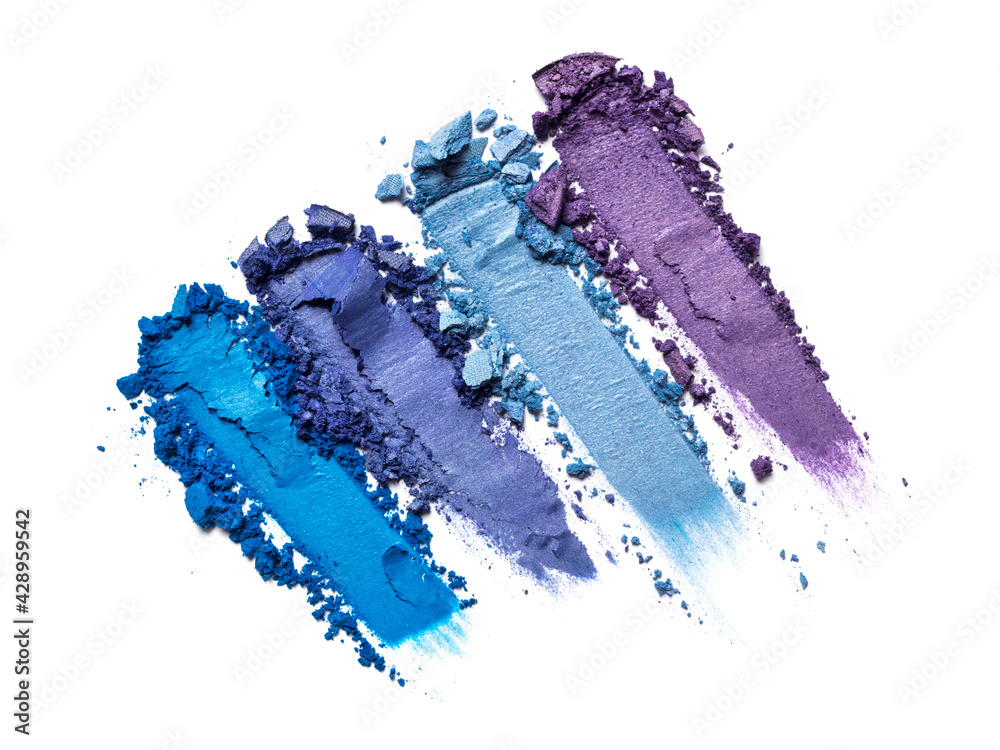 Close-up of make-up swatches. Smears of crushed purple and blue eye shadow - obrazy, fototapety, plakaty 