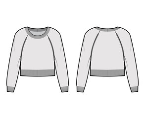 Wall Mural - Round neck Sweater cropped technical fashion illustration with long raglan sleeves, waist length, knit rib trim. Flat jumper apparel front, back, grey color style. Women men unisex CAD mockup