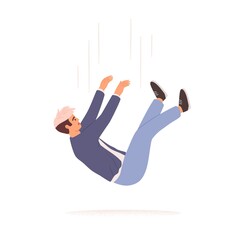 Poster - Person falling down from above. Fall of young man. Failure, fiasco, life crisis, tragedy, sudden problems and difficulties concept. Colored flat vector illustration isolated on white background