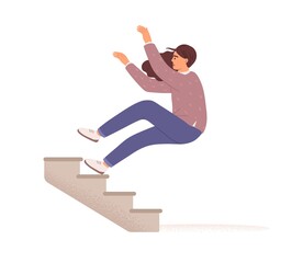 Poster - Employee falling down from career ladder. Fall of woman from stairs. Failure, fiasco, problem, trouble and mistake concept. Colored flat vector illustration isolated on white background