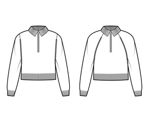 Wall Mural - Set of Zip-up Sweaters cropped technical fashion illustration with rib henley neck, classic collar, long raglan sleeves, oversized, knit trim. Flat apparel front, white color. Women, unisex CAD mockup