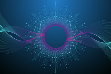 Quantum computer technology concept. Deep learning artificial intelligence. Big data algorithms visualization for business, science, technology. Waves flow, illustration.