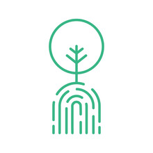 Green Finger Print Tree Line Icon. Zero Emission Concept. Environment Conservation. Fingerprint Nature Logo. Human Impact On Earth. Plant A Tree Sign. Deforestation. Vector Illustration, Flat, Clip Ar