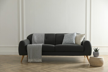 Canvas Print - Stylish living room interior with comfortable grey sofa and beautiful plant