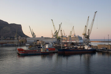 Palermo shipyard in Italy, ships in storage and cranes in the shipyard