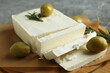 Concept of tasty food with feta cheese, close up