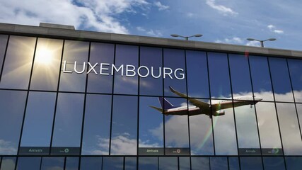 Wall Mural - Jet aircraft landing at Luxembourg 3D rendering animation. Arrival in the city with the glass airport terminal and reflection of the plane. Travel, business, tourism and transport concept.