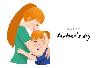 Cartoon character with mom and daughter embrace. Mother s day background. Isolated design on white background. Vector illusrtation