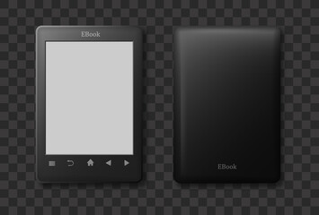 Poster - Black ebook front and back view template isolated. Tablet reader with screen and control buttons handy digital library for learning and vector entertainment.