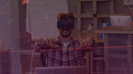 Poster - Hexagonal shape over grid network against caucasian man gesturing while wearing vr headset at office