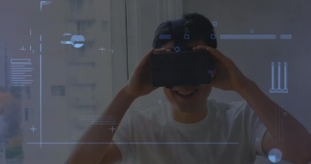Poster - Digital interface with data processing against asian man wearing vr headset at home
