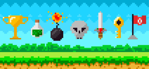 Poster - Pixel art game background with reward object in air. Pixel game scene with grass platform and awards
