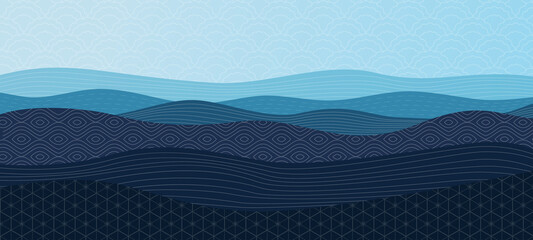Blue abstract wavy background with patterns in oriental style. Vector modern sea water or ocean illustration for banner, card or print design