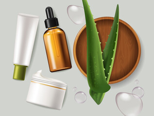 Wall Mural - Aloe Vera leaves and cosmetics Vector realistic. Serum, cream products placement mock up bottles. Packaging design label lotions. Splash water drops backgrounds