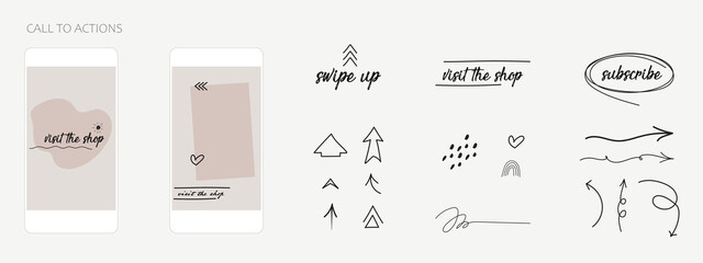 swipe up, subscribe, visit shop hand drawn vector stickers or icons. Instagram infographic template for e commerce. minimal abstract social media story button. post mockup element.