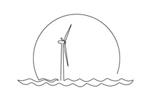 Wind Energy In Continuous Line Art Drawing Style. Offshore Wind Turbine Against Big Sunset Sun. Renewable Source Of Power. Black Linear Design Isolated On White Background. Vector Illustration