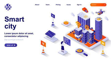 Fototapete - Smart city isometric landing page. Futuristic cityscape with modern tech isometry concept. Green energy, wifi, digital services 3d web banner. Vector illustration with people characters in flat design