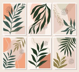 Wall Mural - Botanical abstract wall art collection with summer leaves, doodle shapes, vector illustration, modern minimalist contemporary design