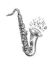 Hand Drawn Sketch Of Saxophone Isolated Vector Art. Musical Instrument For Design Decoration Invitation Jazz Festival, Music Shop