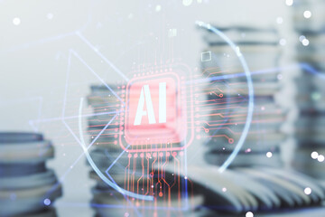 Poster - Double exposure of creative artificial Intelligence abbreviation hologram on growing coins stacks background. Future technology and AI concept