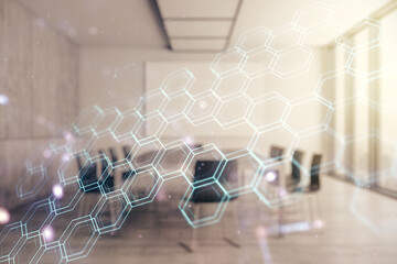 Poster - Abstract virtual wireless technology hologram with hexagon on a modern conference room background. Big data and database concept. Multiexposure