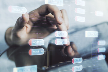 Poster - Double exposure of abstract programming language hologram with finger clicks on a digital tablet on background, research and development concept