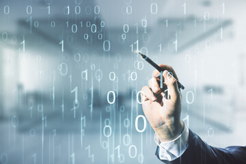 Poster - Man hand with pen working with abstract virtual binary code hologram on blurred office background, AI and machine learning concept. Multiexposure