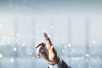 Aufkleber - Man hand clicks on abstract virtual wireless technology hologram on blurred office background, artificial intelligence and machine learning concept. Multi exposure