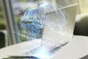 Poster - Multi exposure of abstract graphic coding sketch with world map on modern computer background, big data and networking concept