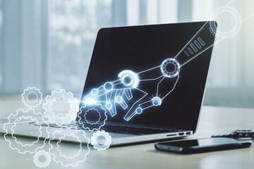 Poster - Creative concept of robotics technology on modern laptop background. Robot development and automation concept. Multiexposure
