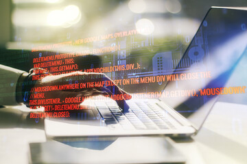 Poster - Multi exposure of abstract graphic coding sketch with hands typing on computer keyboard on background, big data and networking concept